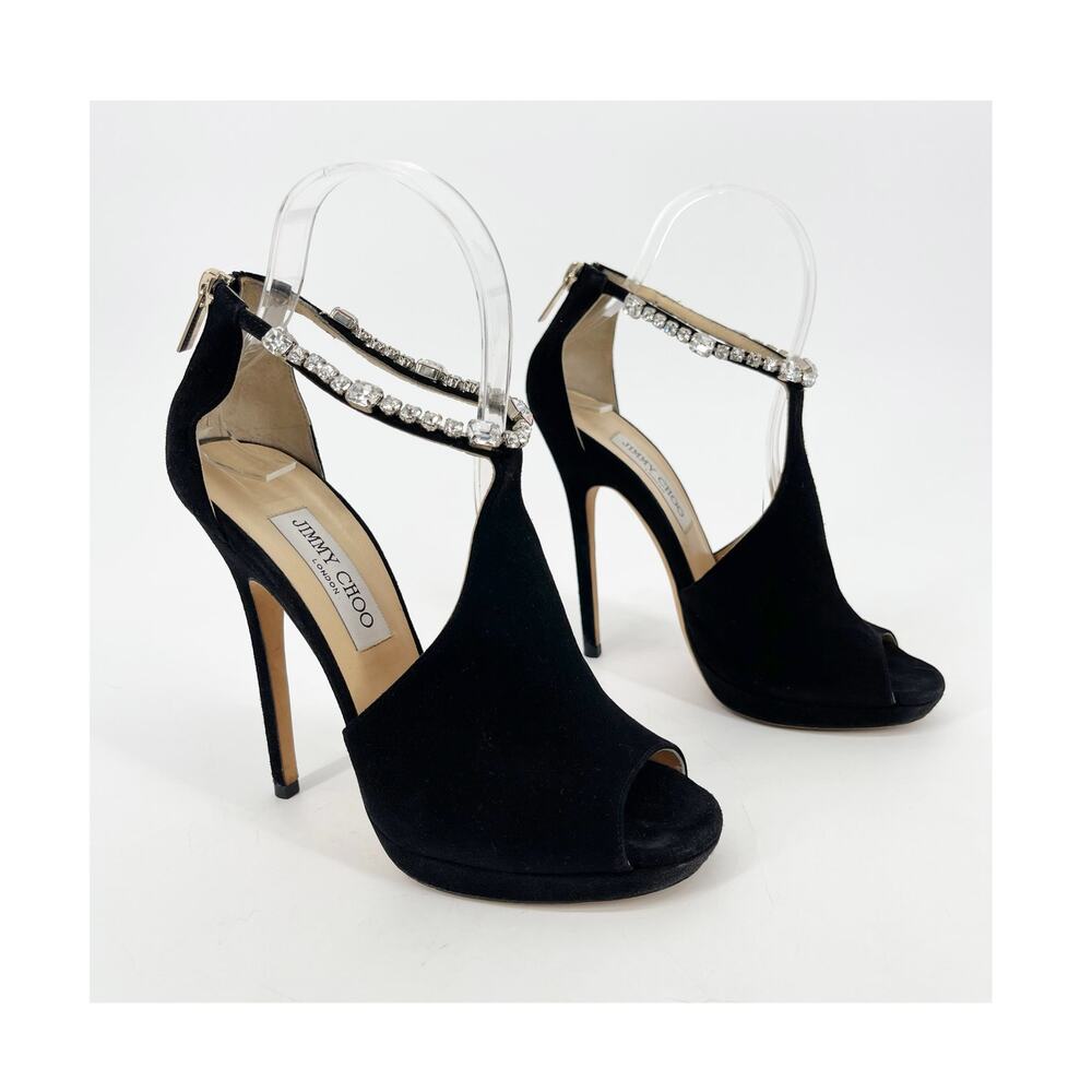 Jimmy Choo Black Suede Farah Crystal Strap Open Toe Platform Sandals IT 37.5